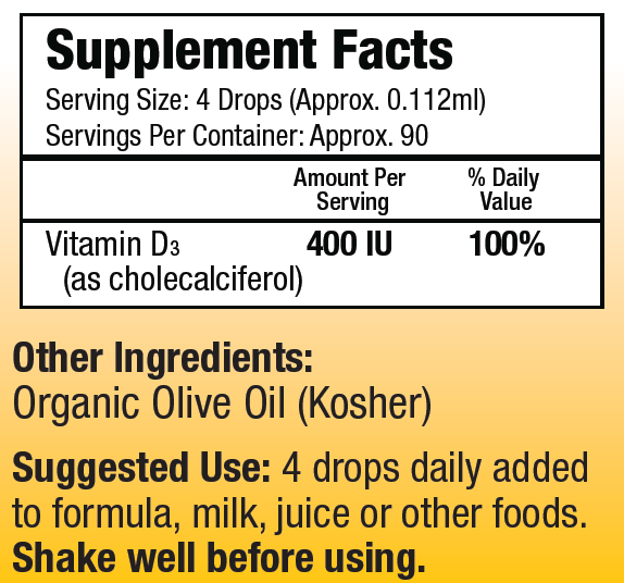 Liquid Vitamin D3 400IU supplement.